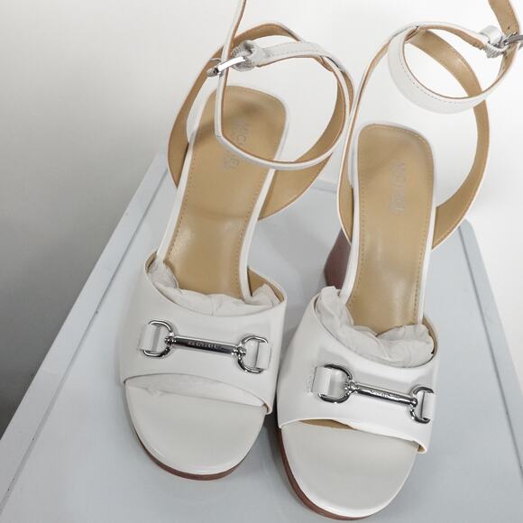 New Michael by Michael Kors Carson Leather Wedge Sandal Heels White Leather Sz 6 - Picture 6 of 9